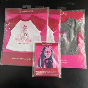 New American Girl doll t-shirts NYC Skyline x2 + Star Bright + girls pin set
